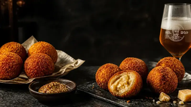 Goudbruine spicy-tripelbitterballen met oude kaas, grove mosterd en een glas tripel.